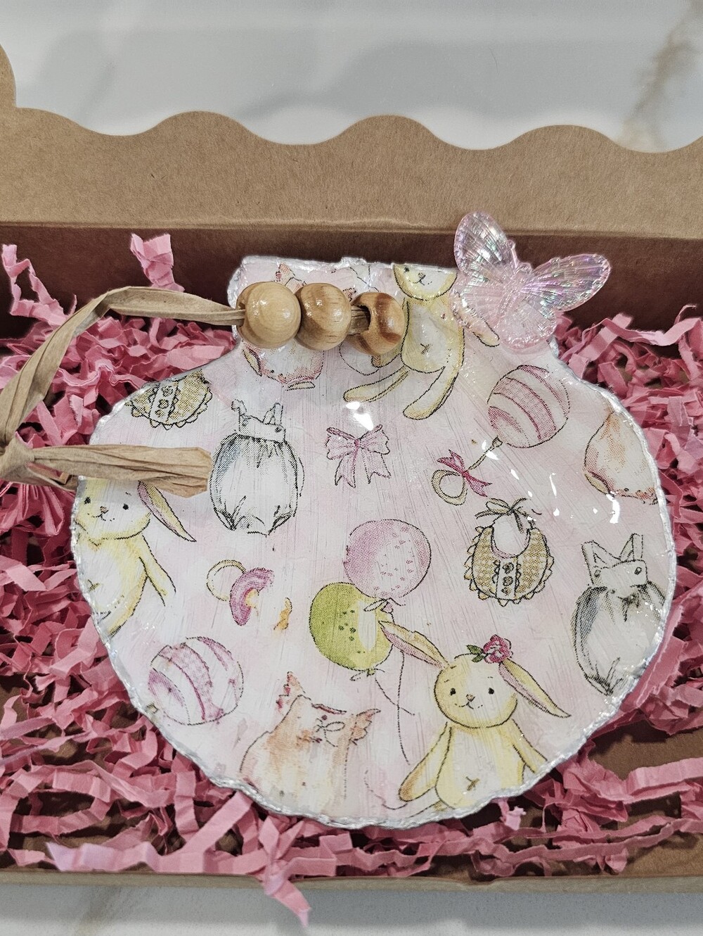 Handmade Decoupaged Pink Baby Girl Themed Scallop Christmas Ornament in Gift Box